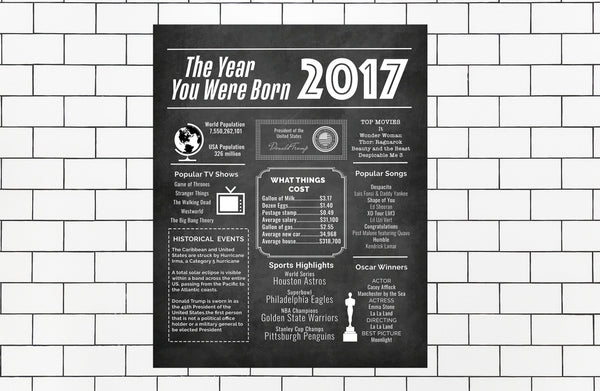 2017 Birthday Poster Printable, Time Capsule ideas, The Year 2017 Instant Download, 2017 Chalkboard poster sign, Newspaper Poster