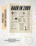 1989 Newspaper Poster, Birthday Poster Printable, Time Capsule 1989, The Year 1989 Instant Download, 1989 poster poster sign