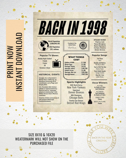 1998 Newspaper Poster, Birthday Poster Printable, Time Capsule 1998, The Year 1998 Instant Download, 1998 poster poster sign