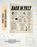 2012 Newspaper Poster, Birthday Poster Printable, Time Capsule 2012, The Year 2012 Instant Download, 2012 poster poster sign